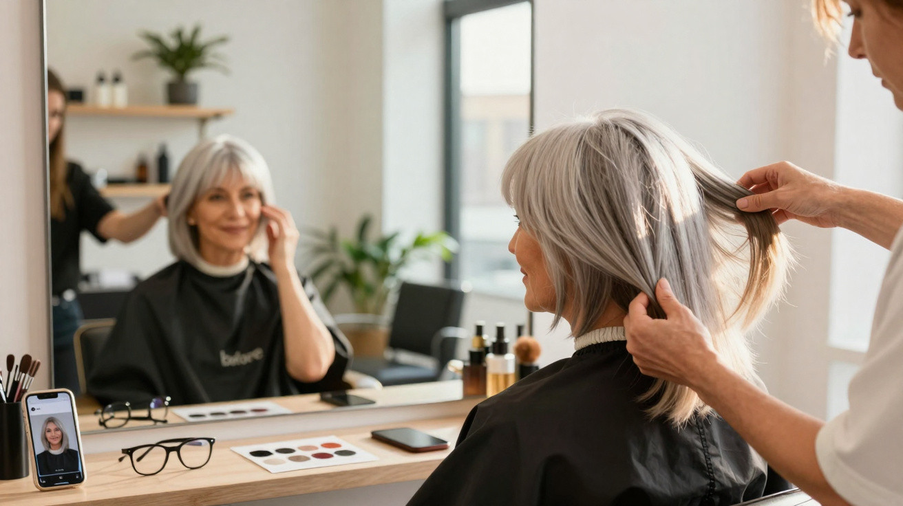 Mulher com cabelo grisalho a ser penteada num salão de beleza, olhando para si mesma no espelho.