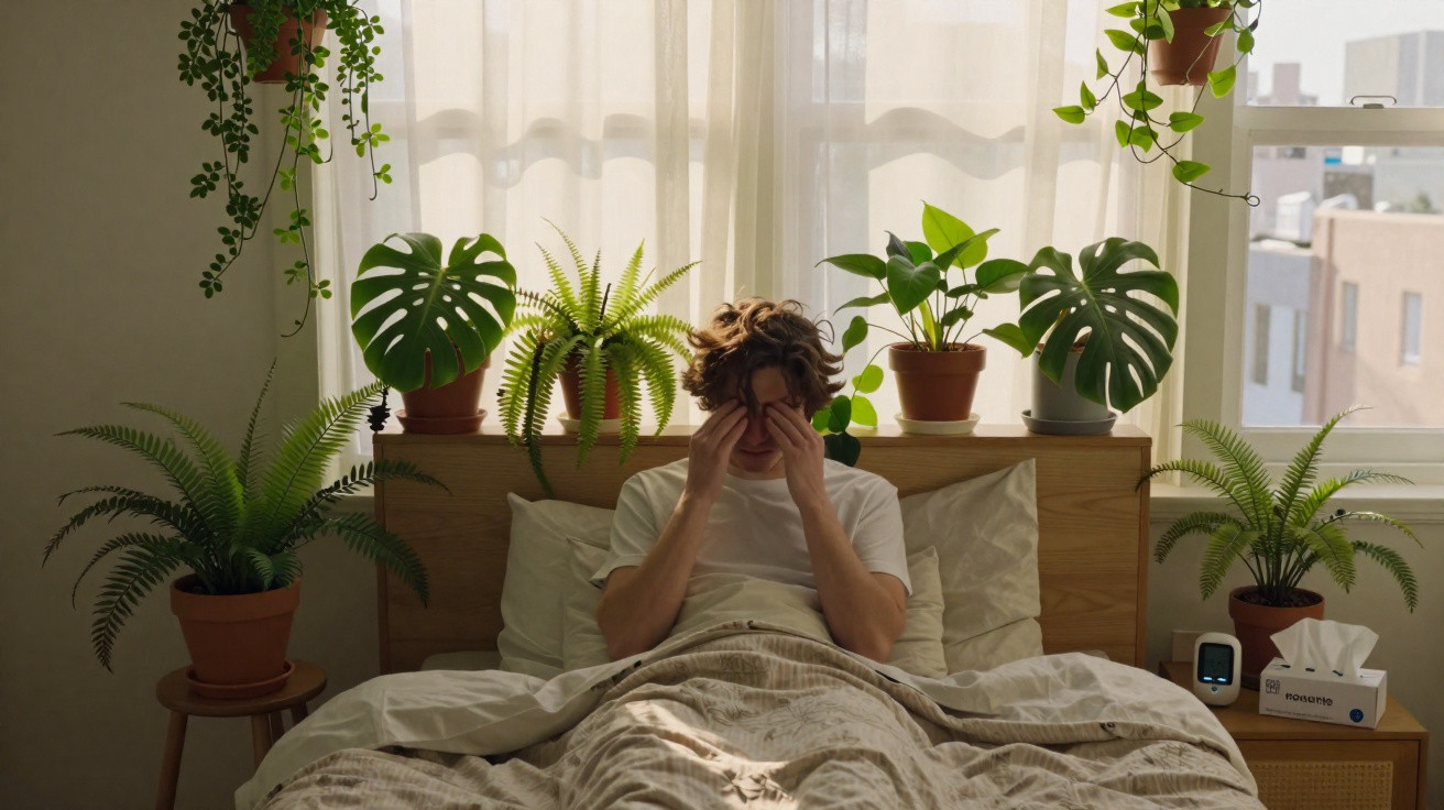 Pessoa sentada na cama com as mãos na cara, rodeada por várias plantas em vasos num quarto iluminado.