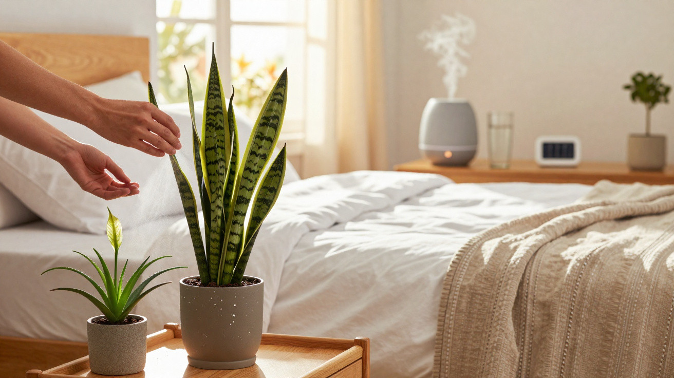 Mãos a cuidar de plantas em vaso numa mesa junto a uma cama com colcha bege e luz natural.