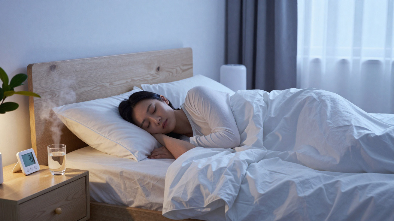 Mulher a dormir numa cama de madeira com roupa de cama branca numa noite iluminada pela luz da janela.