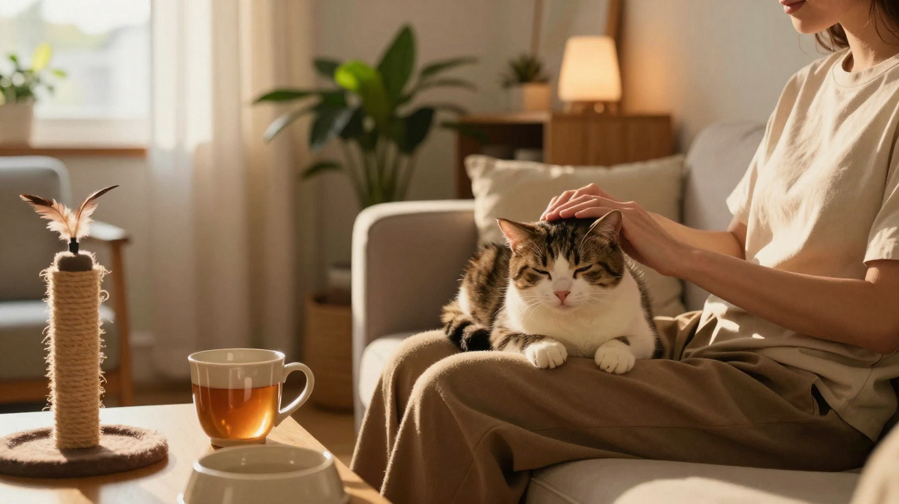 Pessoa sentada no sofá a fazer festas a um gato enquanto há uma chávena de chá numa mesa à frente.