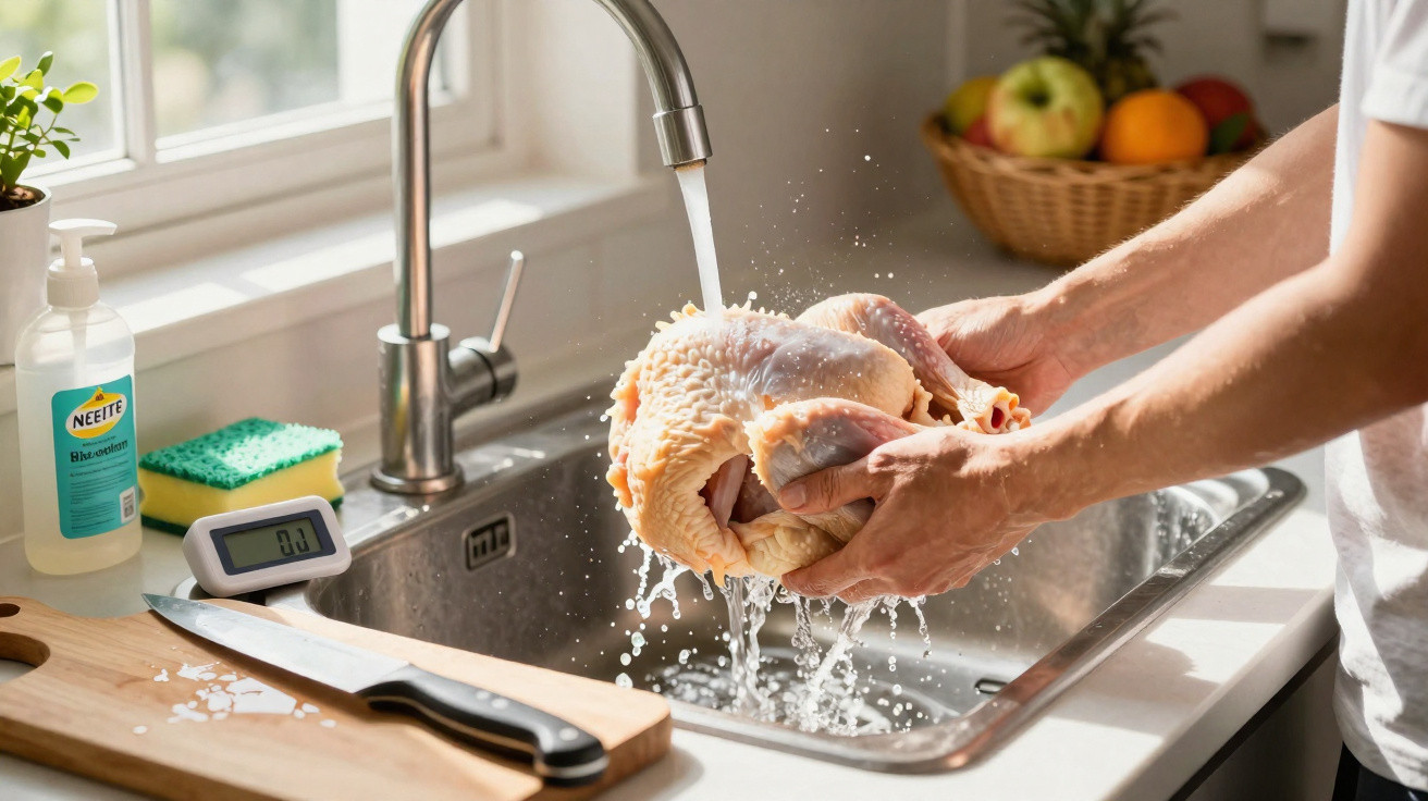 Pessoa a lavar um frango cru em água corrente numa cozinha com utensílios e frutas ao fundo.