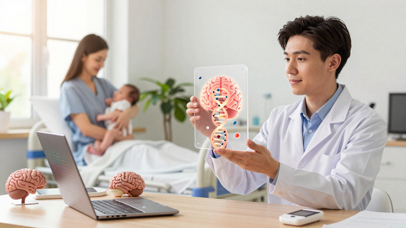 Médico mostra modelo de cérebro e ADN, enquanto mãe segura bebé num consultório moderno.
