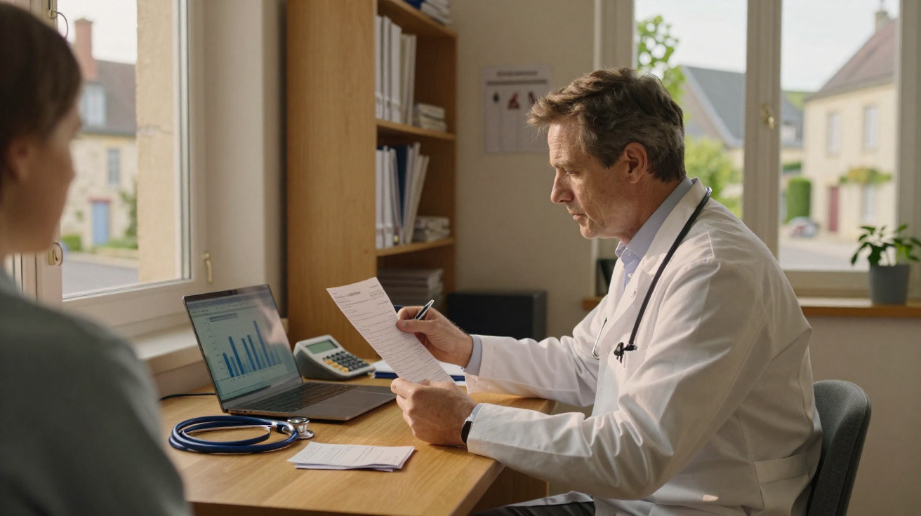 Médico a analisar resultados num consultório com computador e estetoscópio, paciente sentado em frente.