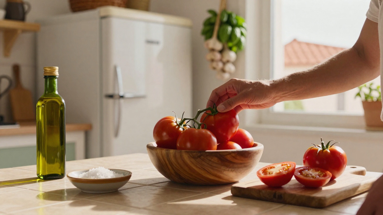 Pessoa a apanhar tomates numa taça de madeira numa cozinha iluminada, com azeite e sal ao lado.