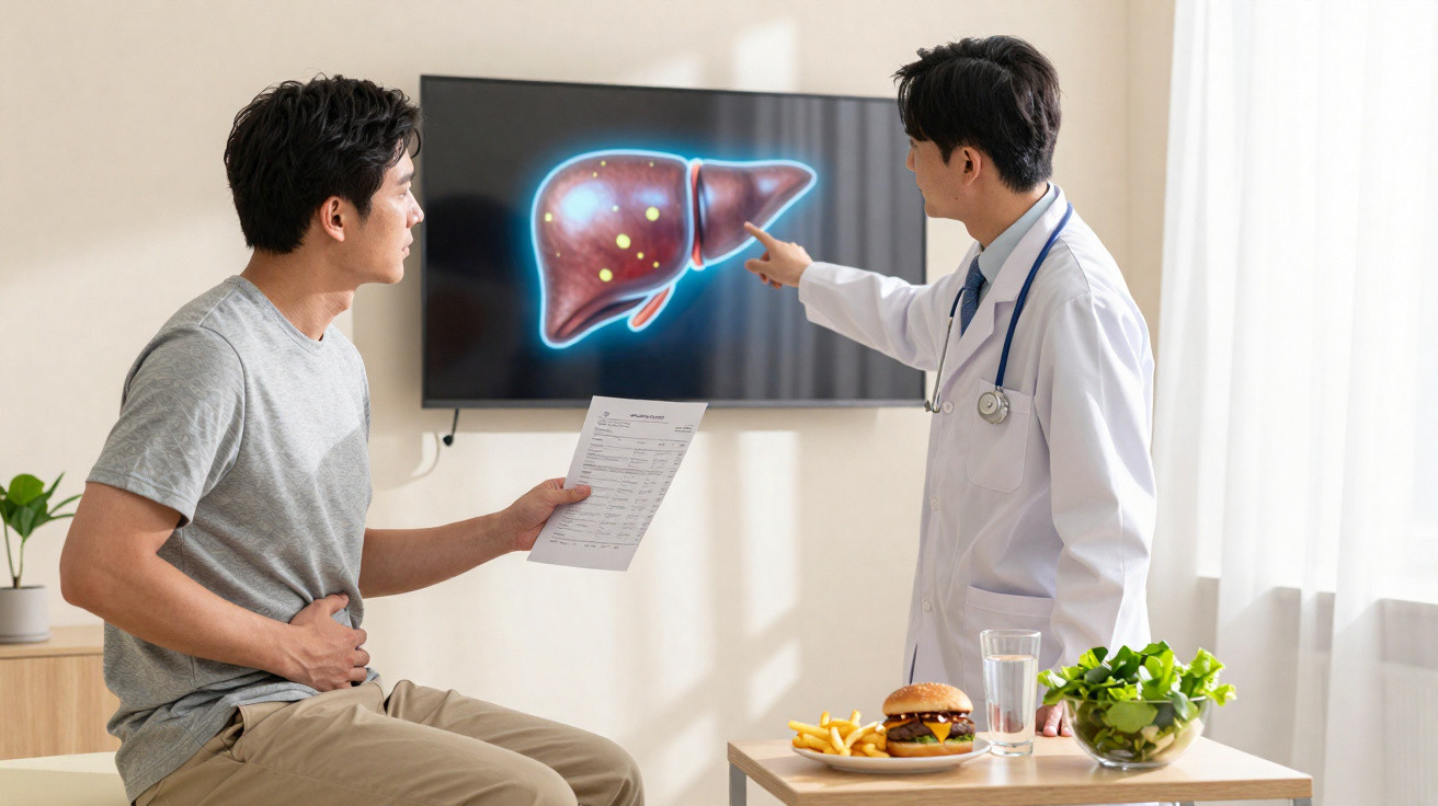 Homem com dor abdominal consulta médico que aponta imagem digital do fígado num ecrã.