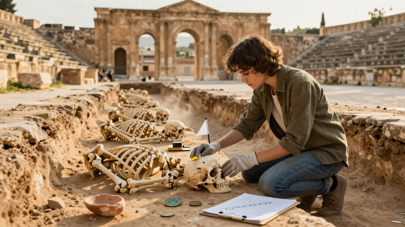 Jovem arqueólogo examina esqueletos antigos numa escavação arqueológica em ruínas históricas.
