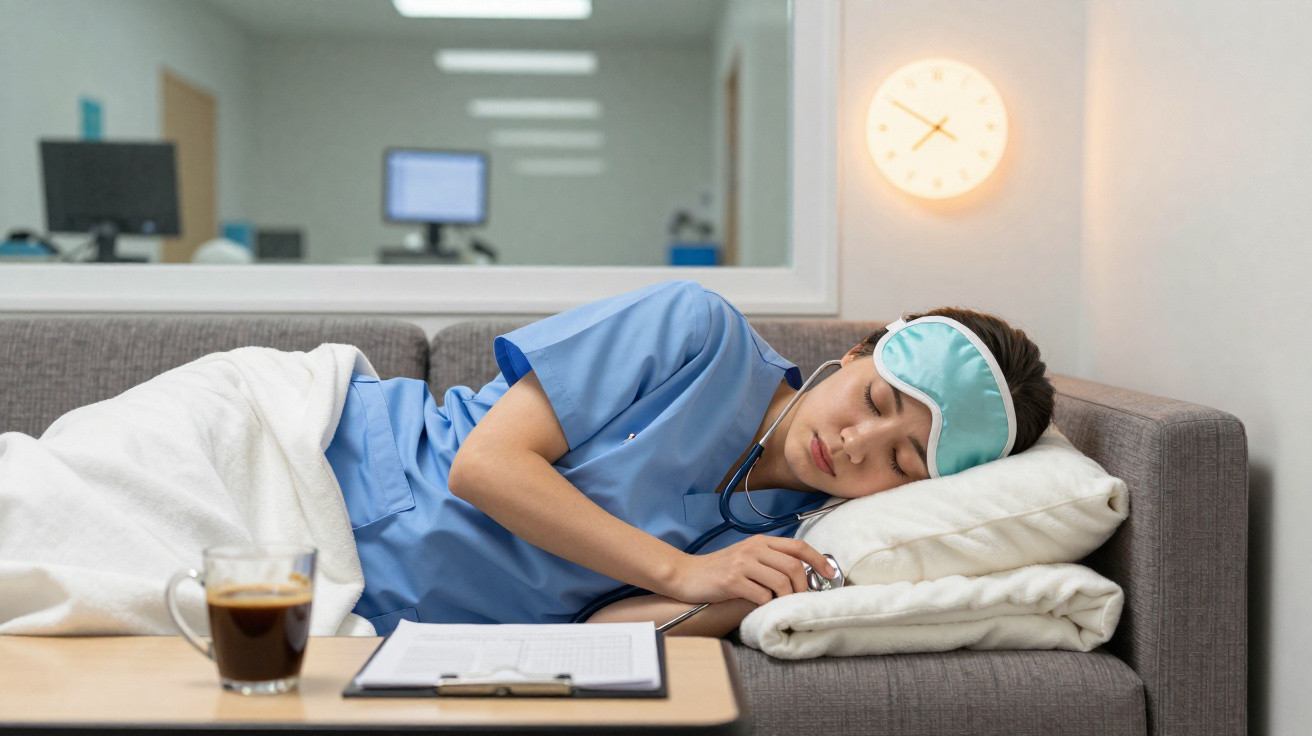 Enfermeira a descansar no sofá com máscara de dormir e estetoscópio, num ambiente hospitalar.