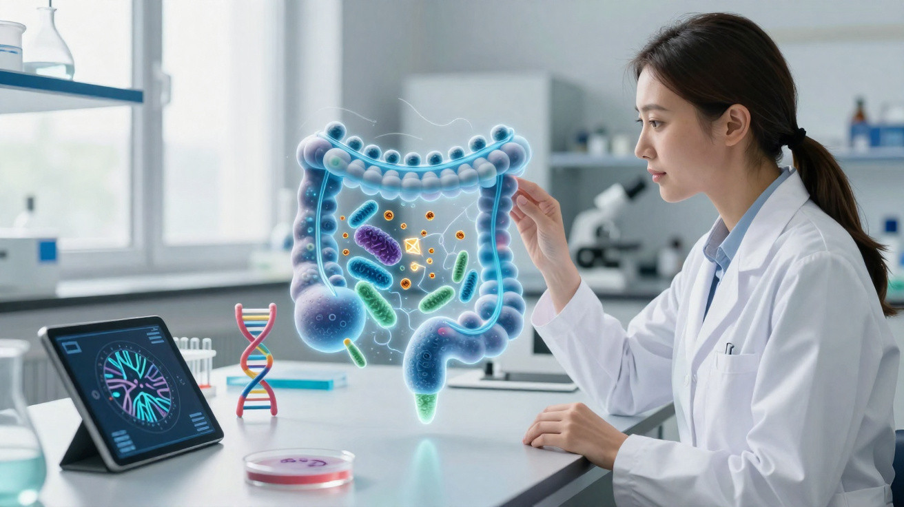 Cientista em laboratório analisa holograma do intestino com bactérias e estrutura de ADN ao lado.