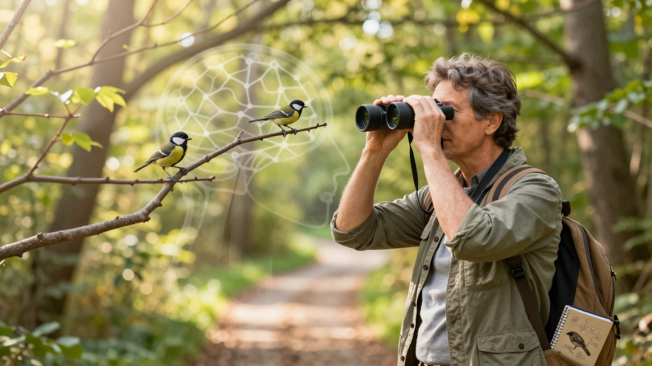 Homem observa pássaros num bosque usando binóculos, com caderno de observação na mochila.