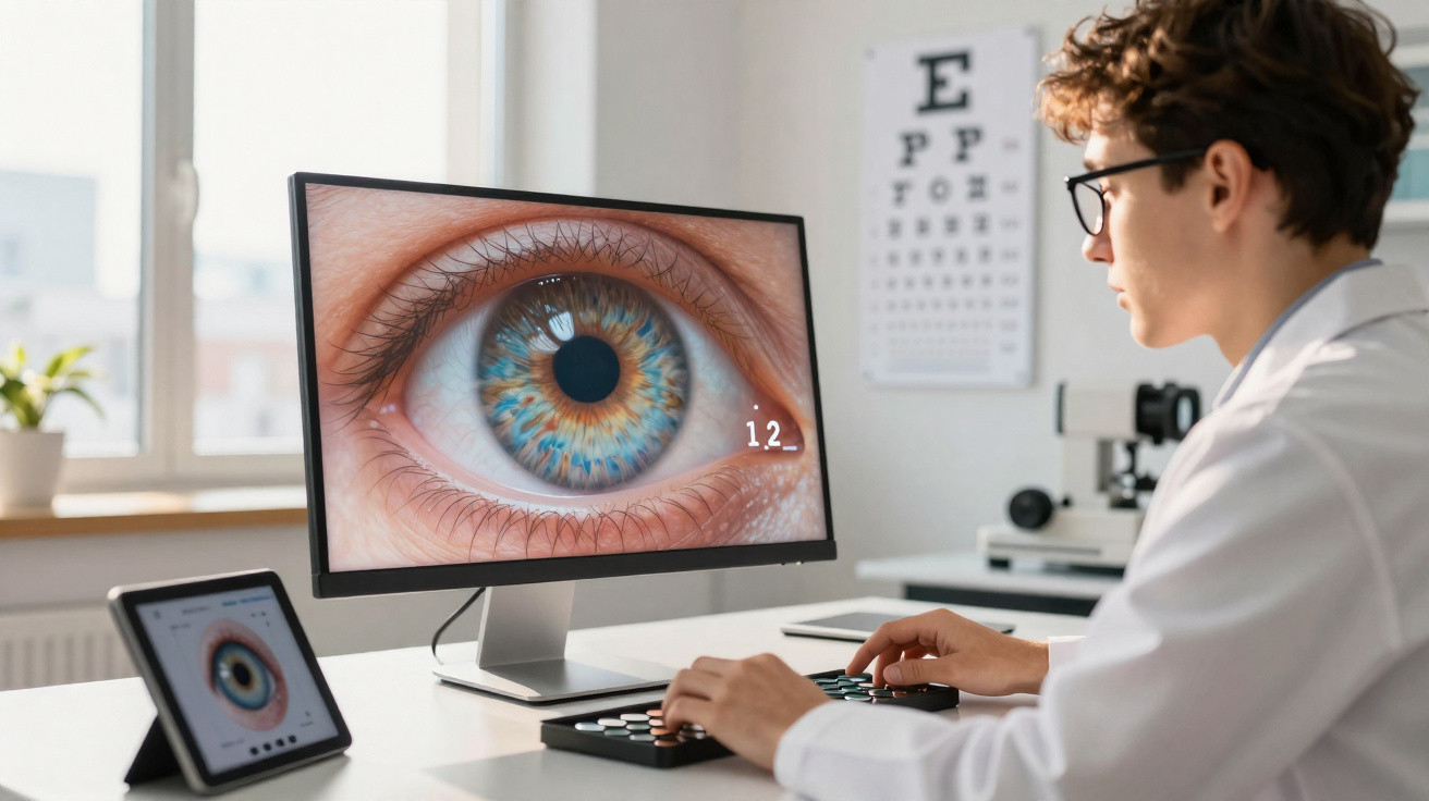 Pessoa com bata branca e óculos analisa imagem digital de olho humano num computador numa clínica oftalmológica.