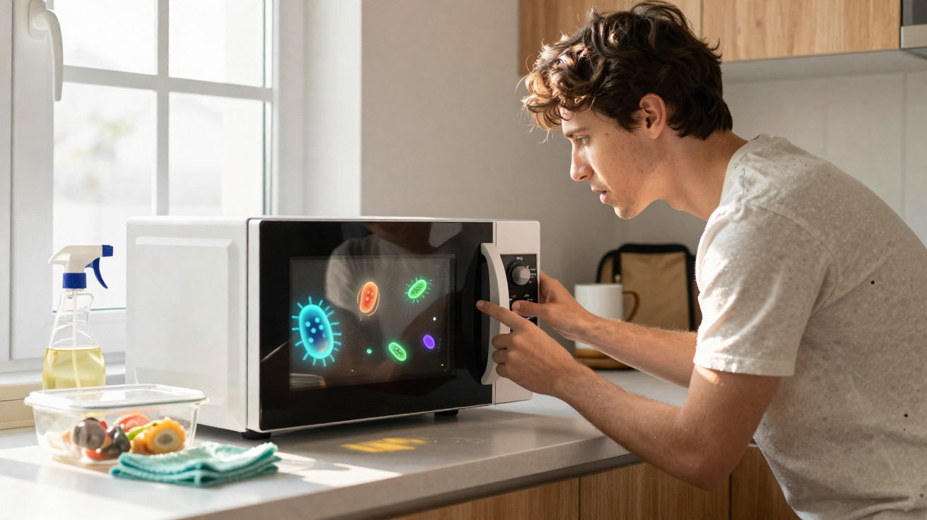 Jovem a usar micro-ondas na cozinha com ilustrações digitais de bactérias no vidro do aparelho.