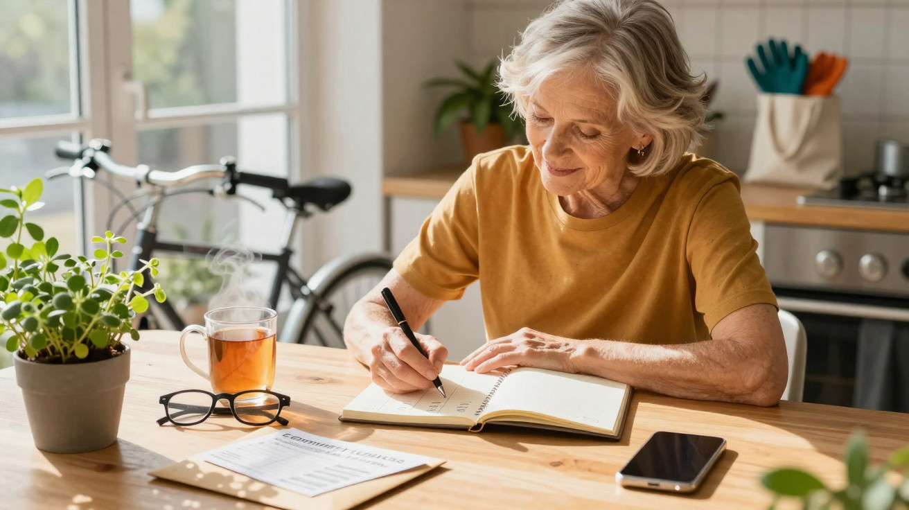 Mulher idosa sentada à mesa a escrever num caderno, com chá quente, telemóvel e plantas à sua volta.