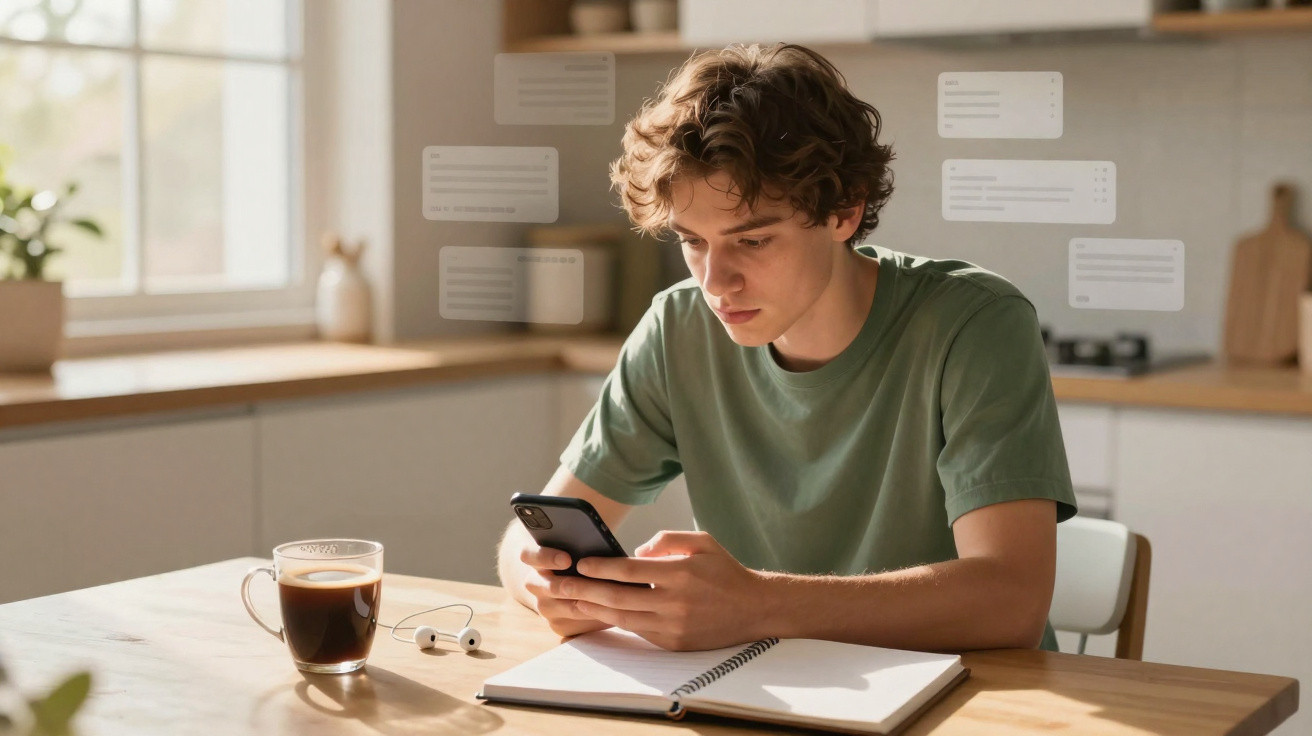 Jovem sentado à mesa em casa, a usar telemóvel com caderno aberto e chá ao lado.