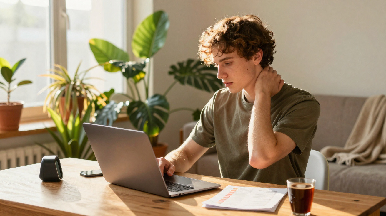 Jovem sentado à secretária a trabalhar num computador portátil, rodeado de plantas e com documentos e bebida à frente.