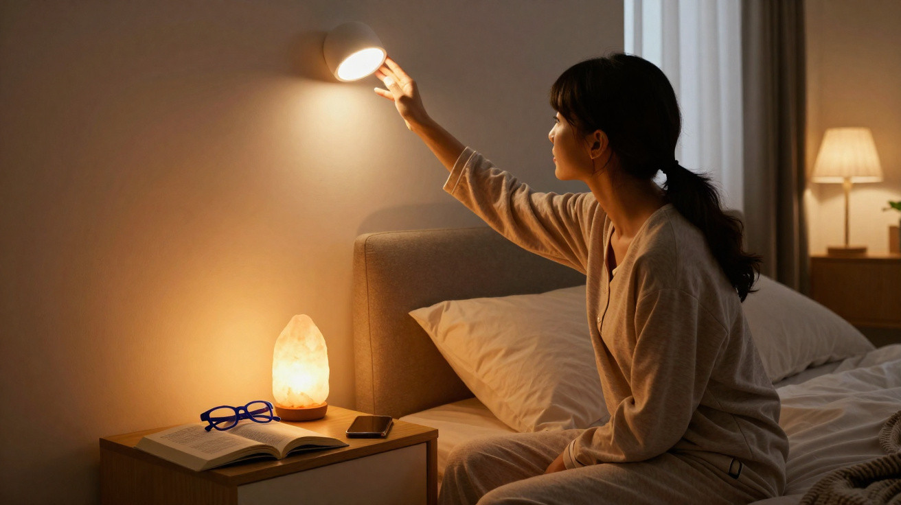 Mulher sentada na cama ajusta luz de parede num quarto com iluminação suave e objetos na mesa de cabeceira.