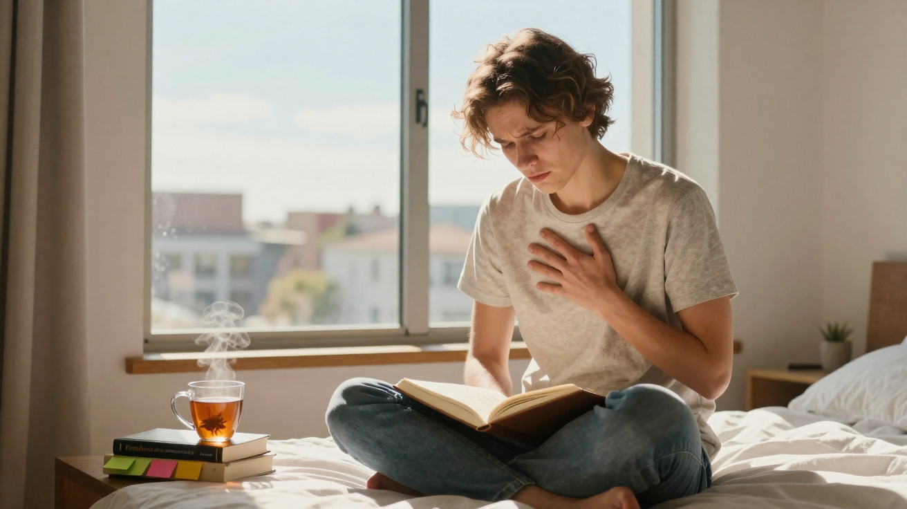 Jovem sentado na cama a ler um livro, com a mão no peito e chá a fumegar numa mesa ao lado.