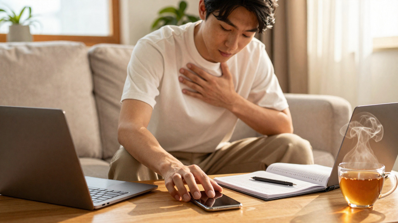 Homem jovem sentado no sofá com mão no peito, a alcançar um telemóvel numa mesa com laptop e chá quente.