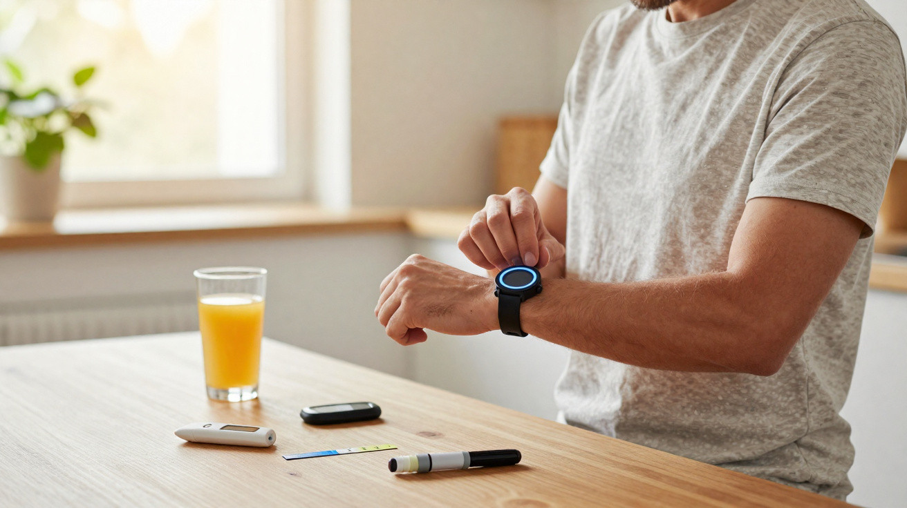 Pessoa a usar smartwatch enquanto verifica níveis de glicose com dispositivos e sumo de laranja numa mesa.