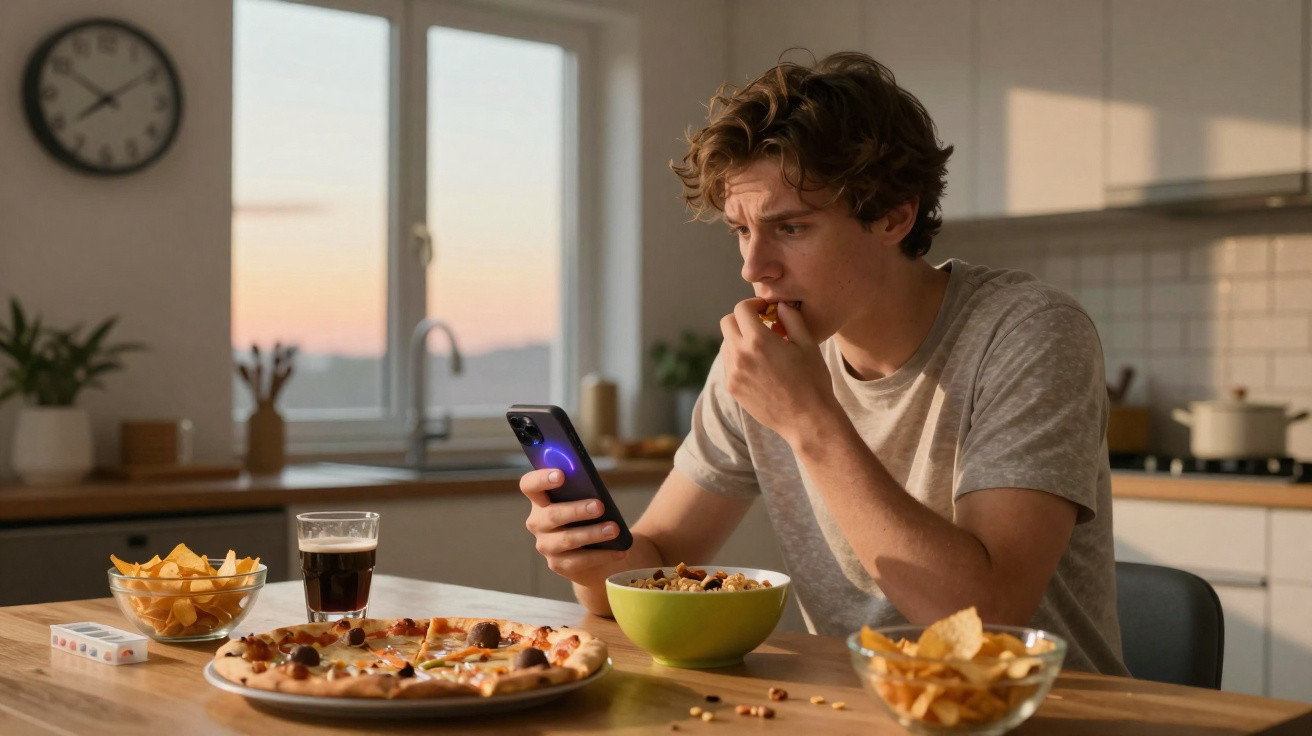 Jovem preocupado a olhar para o telemóvel enquanto come petiscos numa mesa com pizza e bebida.