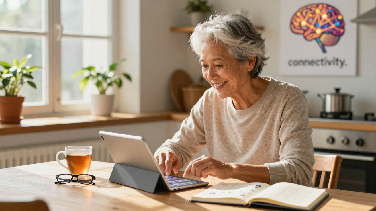 Mulher idosa sorridente a usar tablet numa cozinha com chá, óculos e livro aberto na mesa.