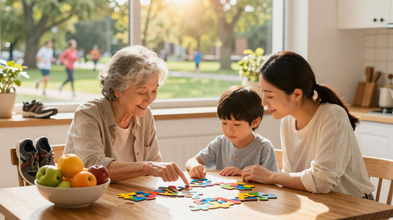 Avó, mãe e criança a montar um puzzle colorido à mesa da cozinha, com luz natural e parque ao fundo.