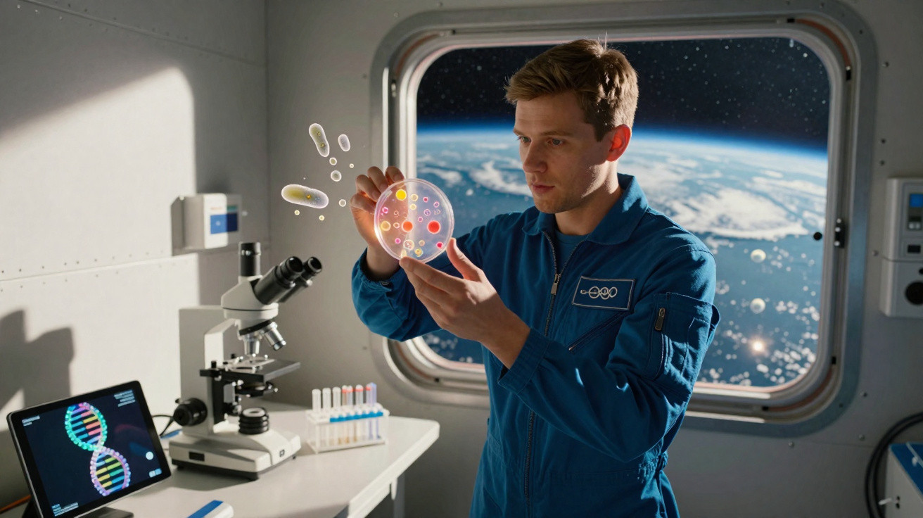 Astronauta a analisar uma placa de Petri com bactérias coloridas numa estação espacial com vista para a Terra.
