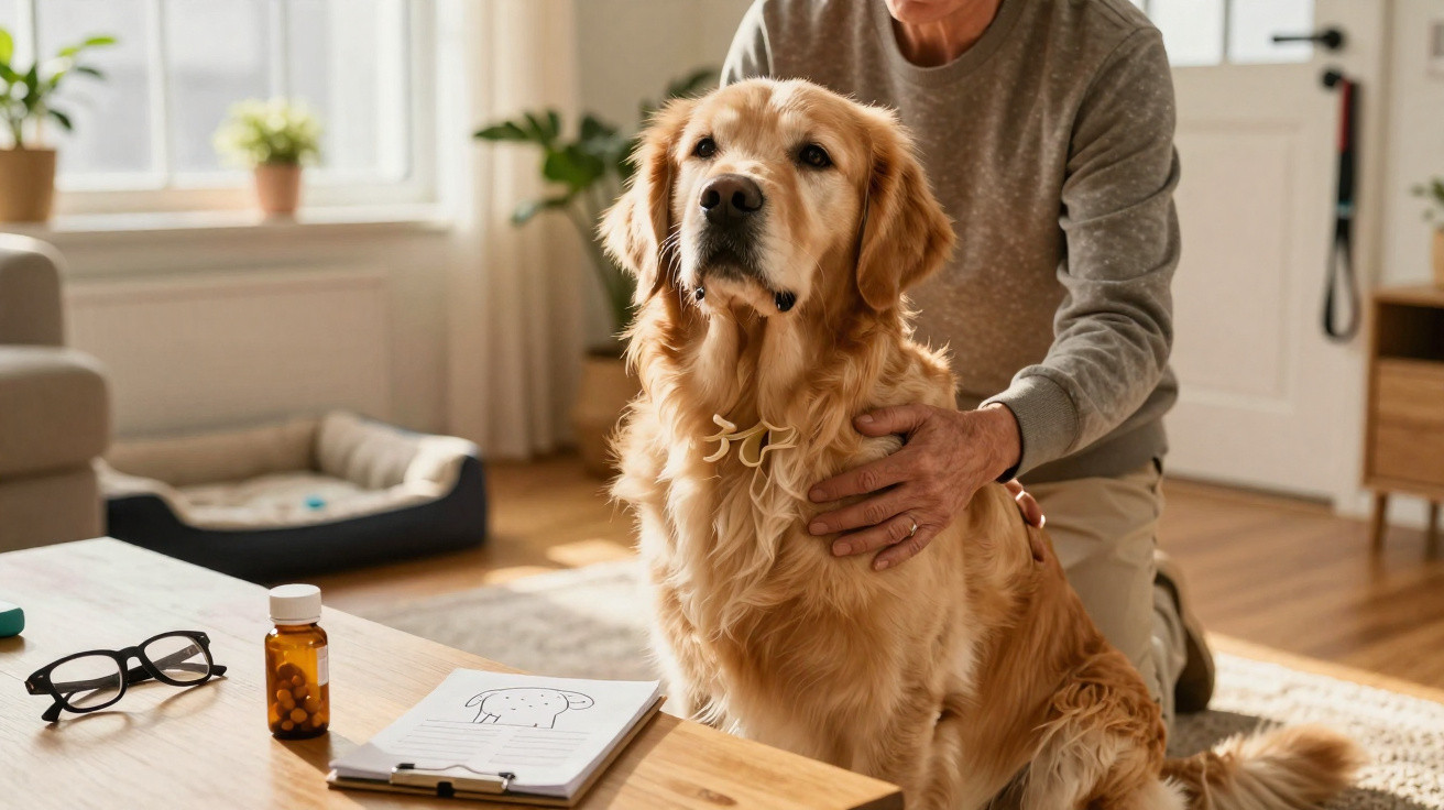 Cão golden retriever sentado com pessoa atrás a segurar gentilmente o seu corpo numa sala iluminada.