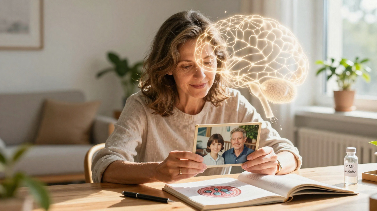 Mulher a segurar fotografia de família, com imagem digital de cérebro iluminado ao lado, simbolizando memória.