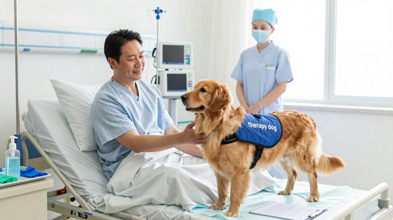 Paciente no hospital a interagir com cão de terapia enquanto uma enfermeira observa.