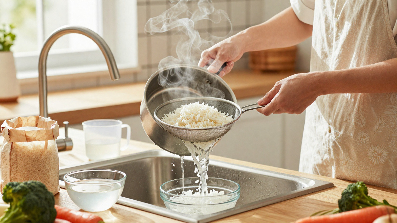 Pessoa a escorrer arroz cozido num passador sobre a pia de cozinha com legumes ao redor.