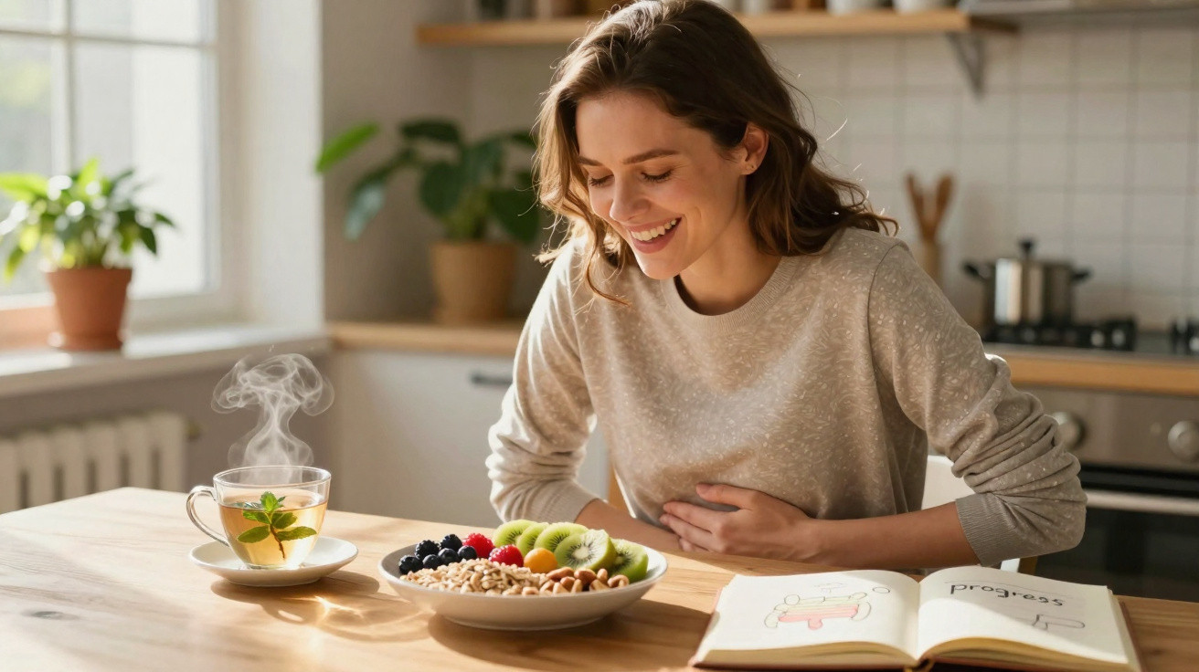 Mulher sorridente sentada à mesa com chá quente, prato de frutas e livro aberto numa cozinha iluminada.