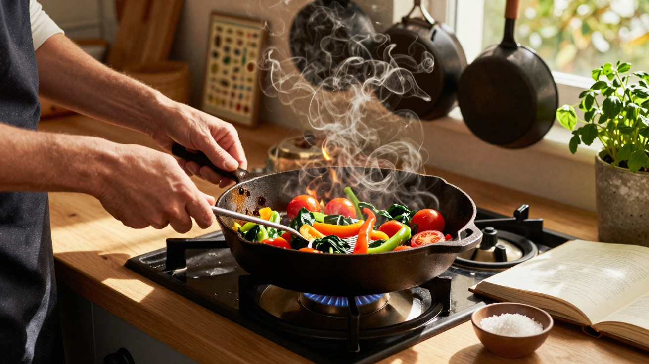 Pessoa a cozinhar legumes coloridos numa frigideira com vapor numa cozinha iluminada pela janela.