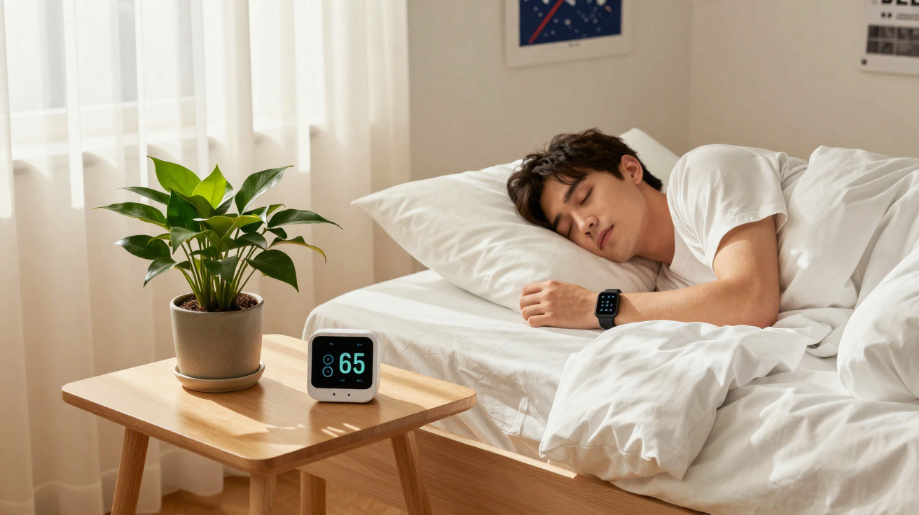Homem a dormir na cama branca ao lado de mesa com planta e monitor digital num quarto iluminado.