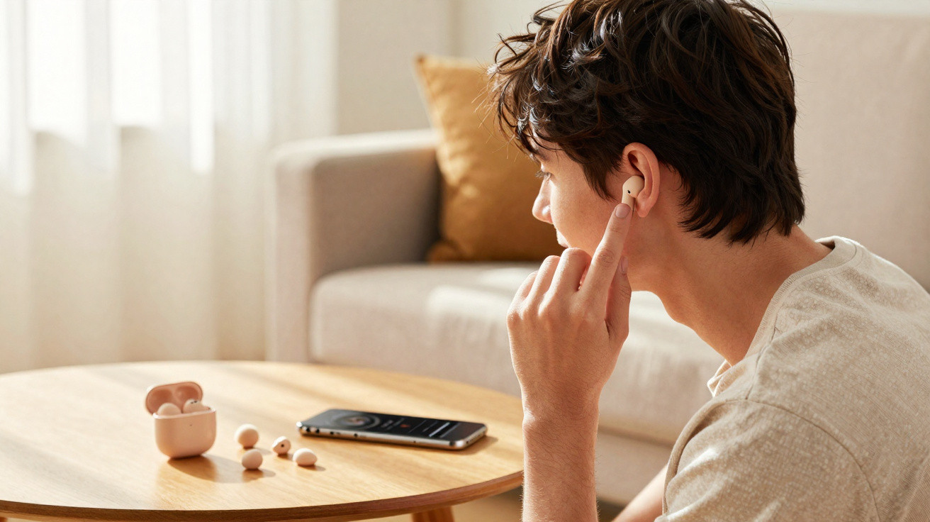 Pessoa a colocar auscultadores sem fios, com smartphone e estojo sobre mesa em sala iluminada.