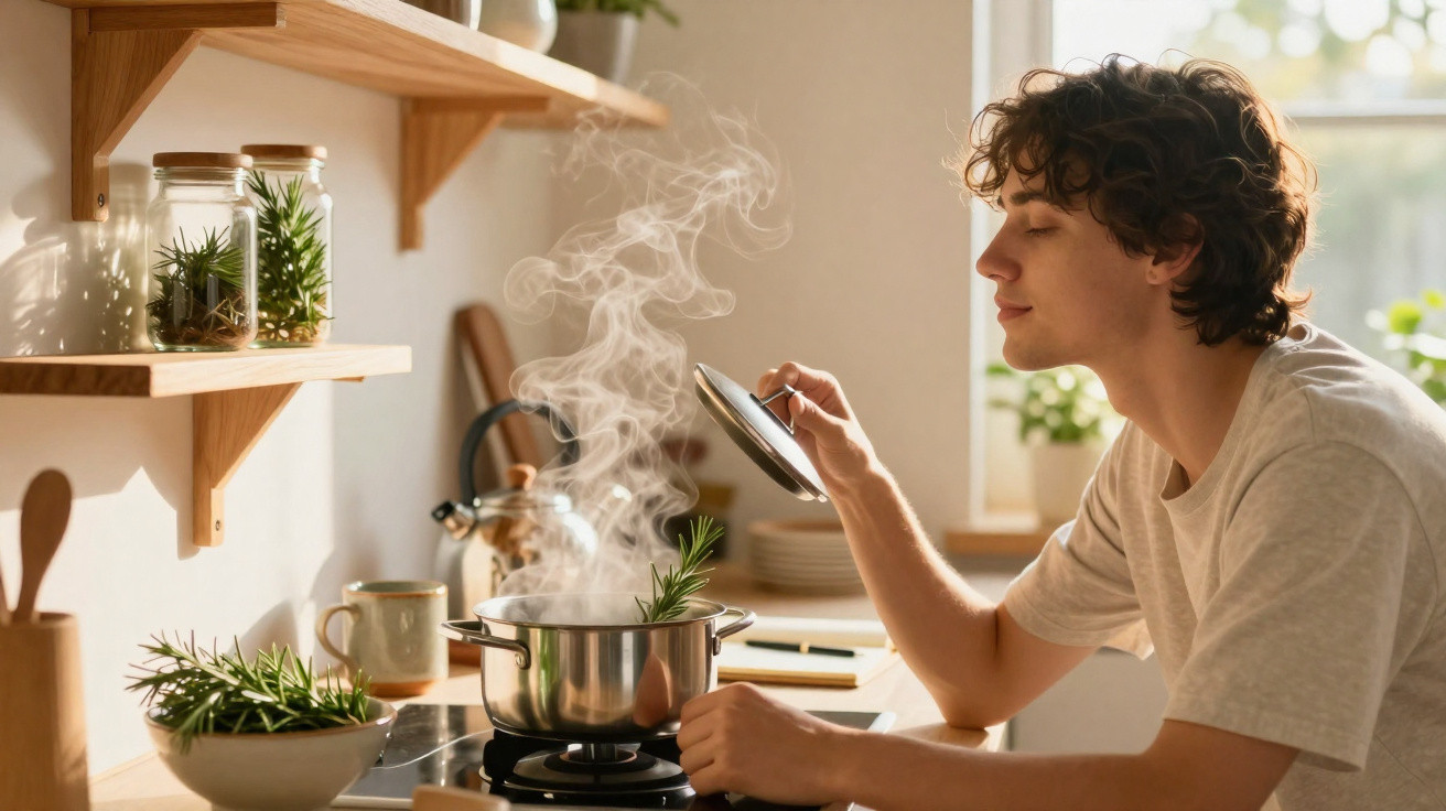 Jovem a levantar a tampa de um tacho com vapor, numa cozinha luminosa e decorada com plantas aromáticas.
