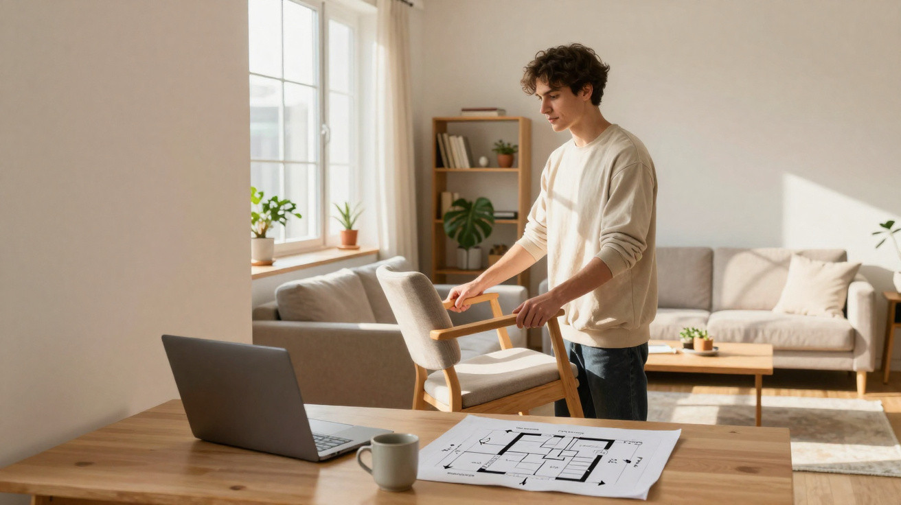 Jovem a organizar uma cadeira numa sala iluminada com planta, sofá, laptop e planta arquitetónica na mesa.
