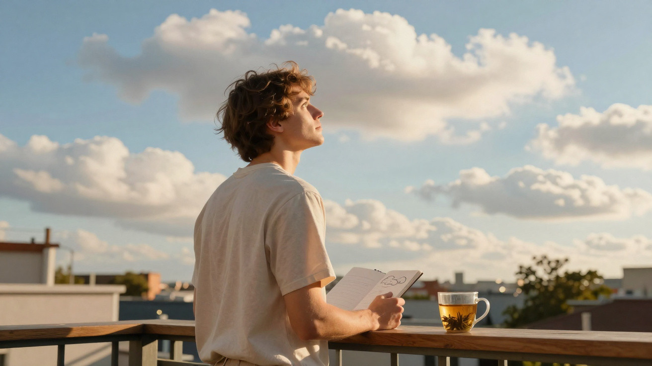 Jovem numa varanda com uma caneca de chá, a observar o céu com nuvens brancas.