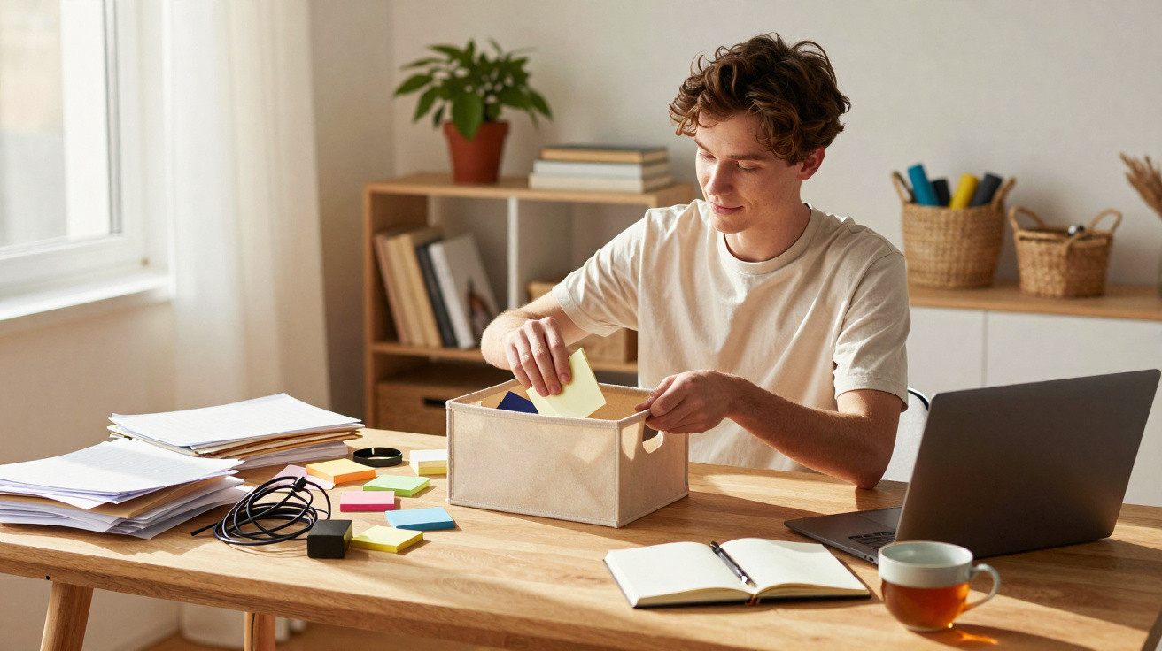 Jovem organizando notas coloridas numa caixa, sentado à secretária com computador, caderno e chá.