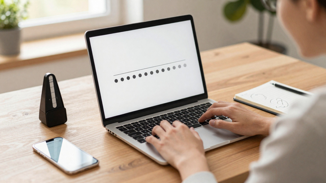 Pessoa a usar laptop com interface gráfica num ecrã branco, telefone e metrónomo numa mesa de madeira.