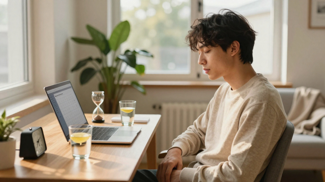 Jovem sentado com os olhos fechados a relaxar junto a uma mesa com laptop, copos de água e um relógio.