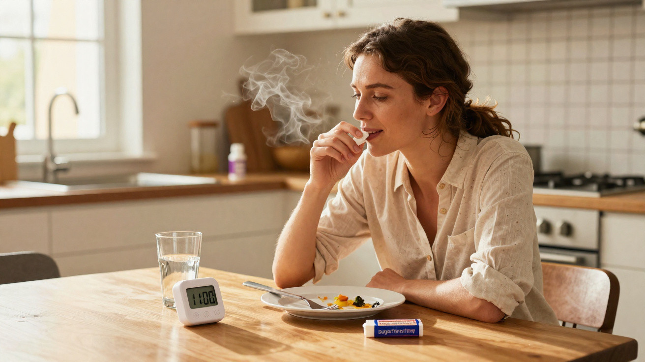 Mulher sentada à mesa na cozinha, a tomar comprimido com água e prato com comida à frente.