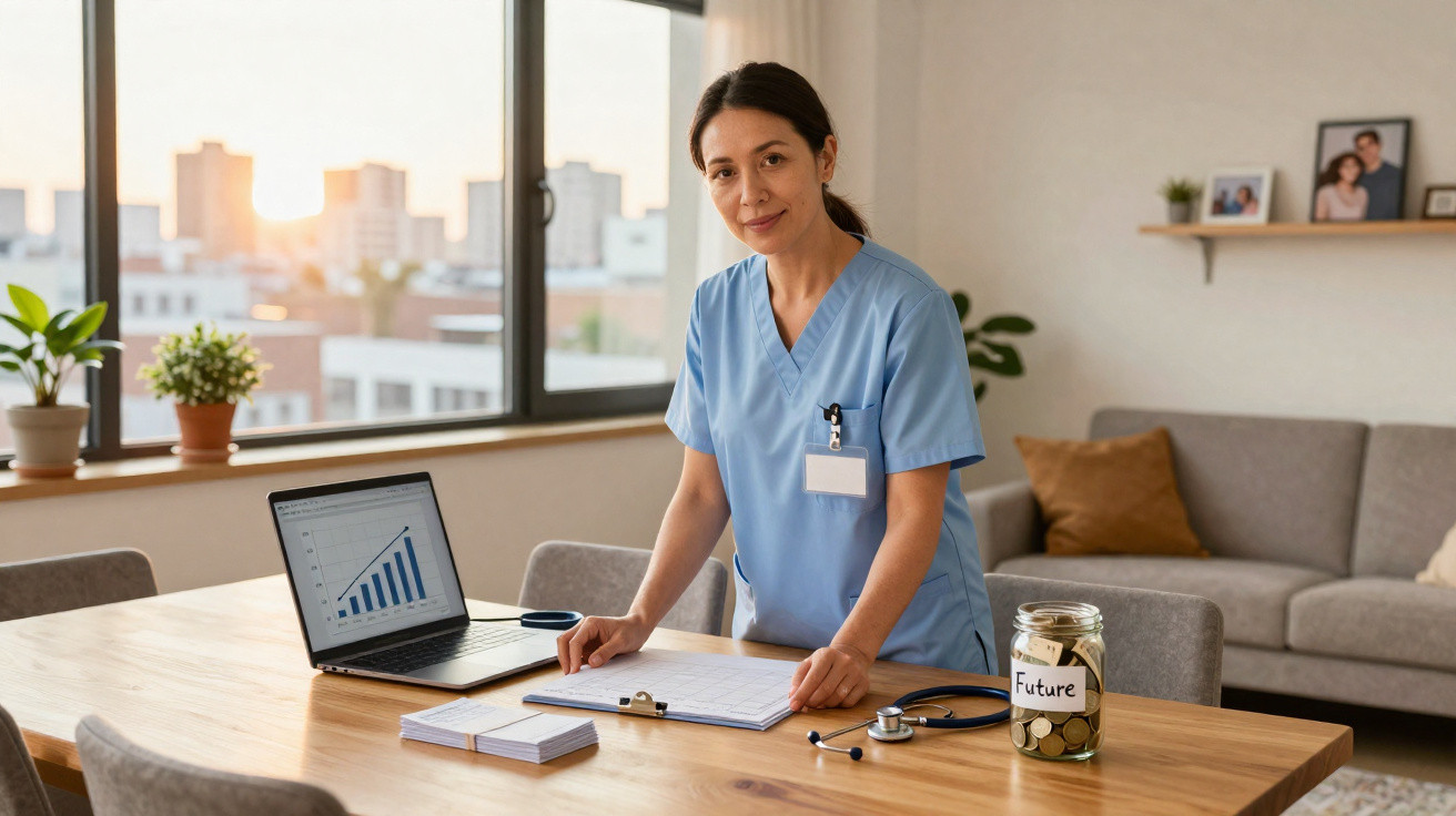 Mulher médica em uniforme azul a trabalhar numa mesa com gráfico num portátil e frasco com moedas rotulado "Future".