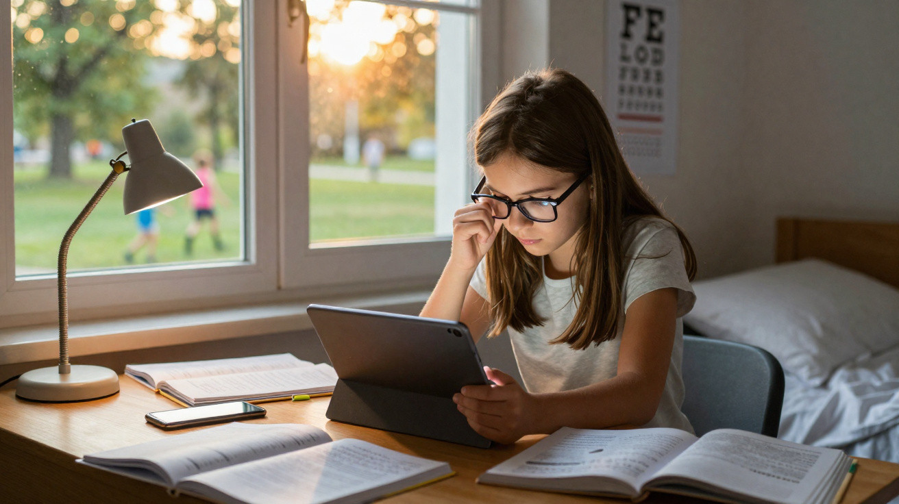 Jovem a estudar com tablet e livros num quarto iluminado pela luz natural do entardecer.