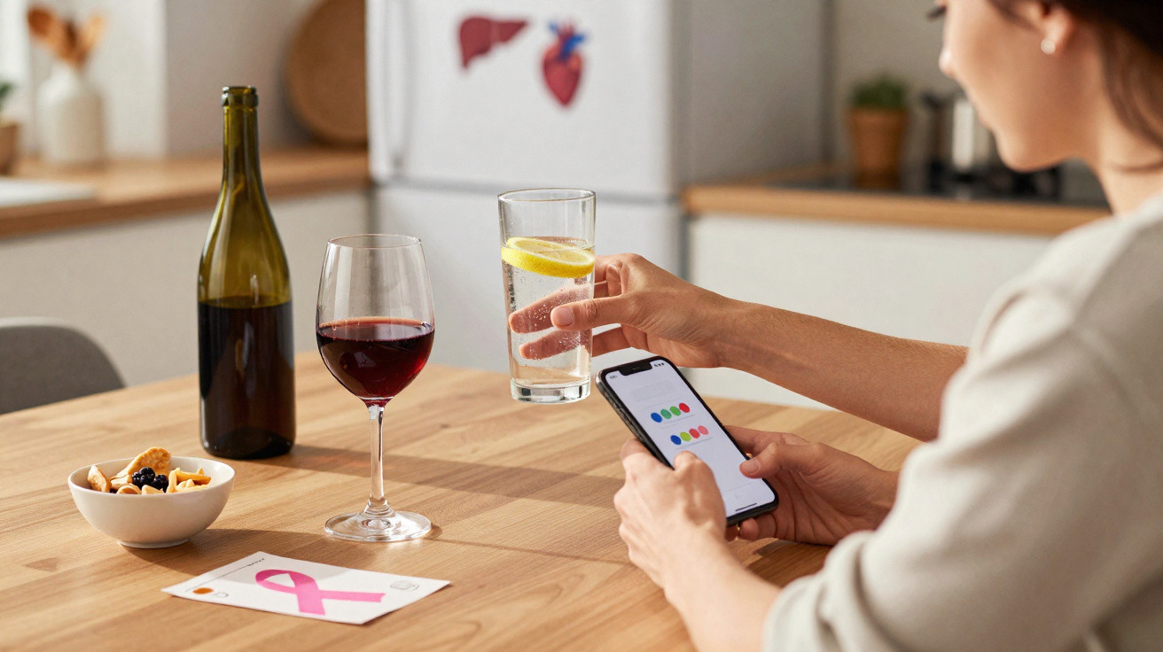 Pessoa sentada à mesa com smartphone, copo de água com limão, copo e garrafa de vinho tinto, e tigela de snacks.