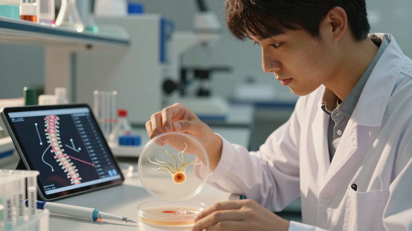 Cientista a analisar uma célula num laboratório com imagem digital da coluna vertebral no computador.