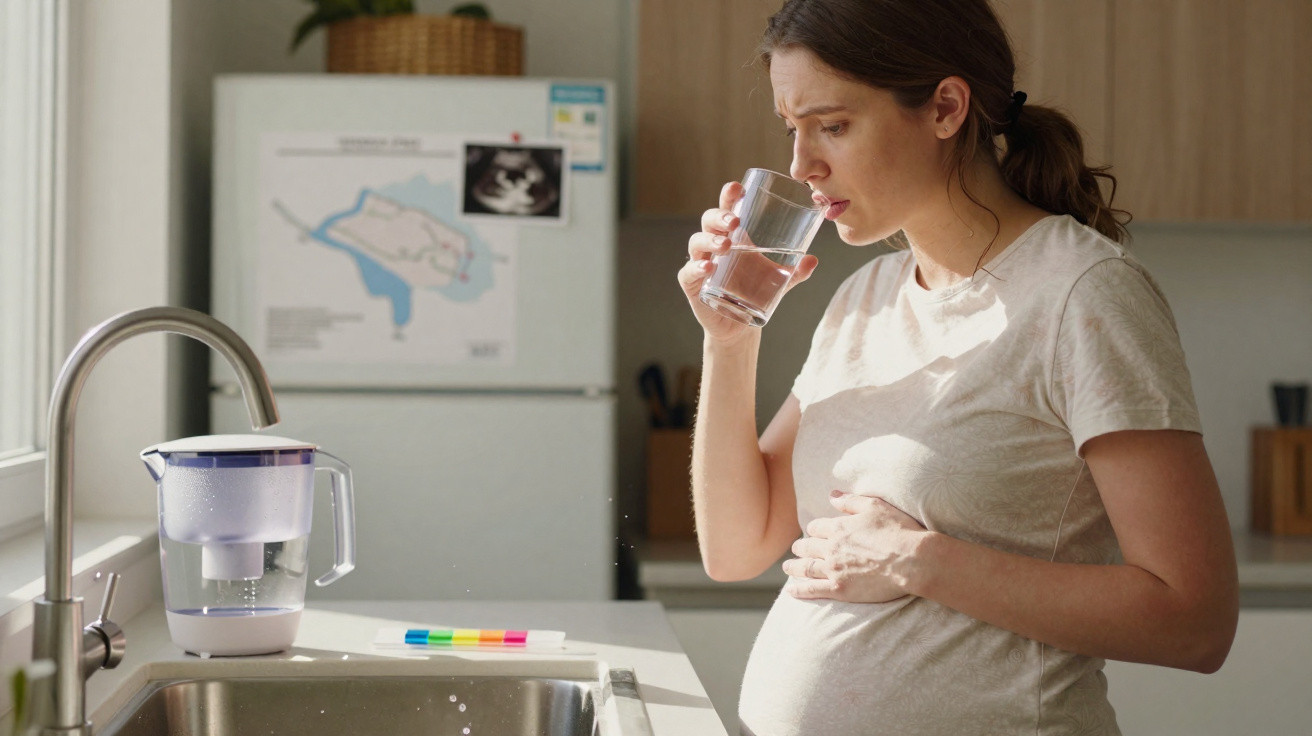 Mulher grávida na cozinha a tomar um copo de água, mostrando preocupação e segurando a barriga.