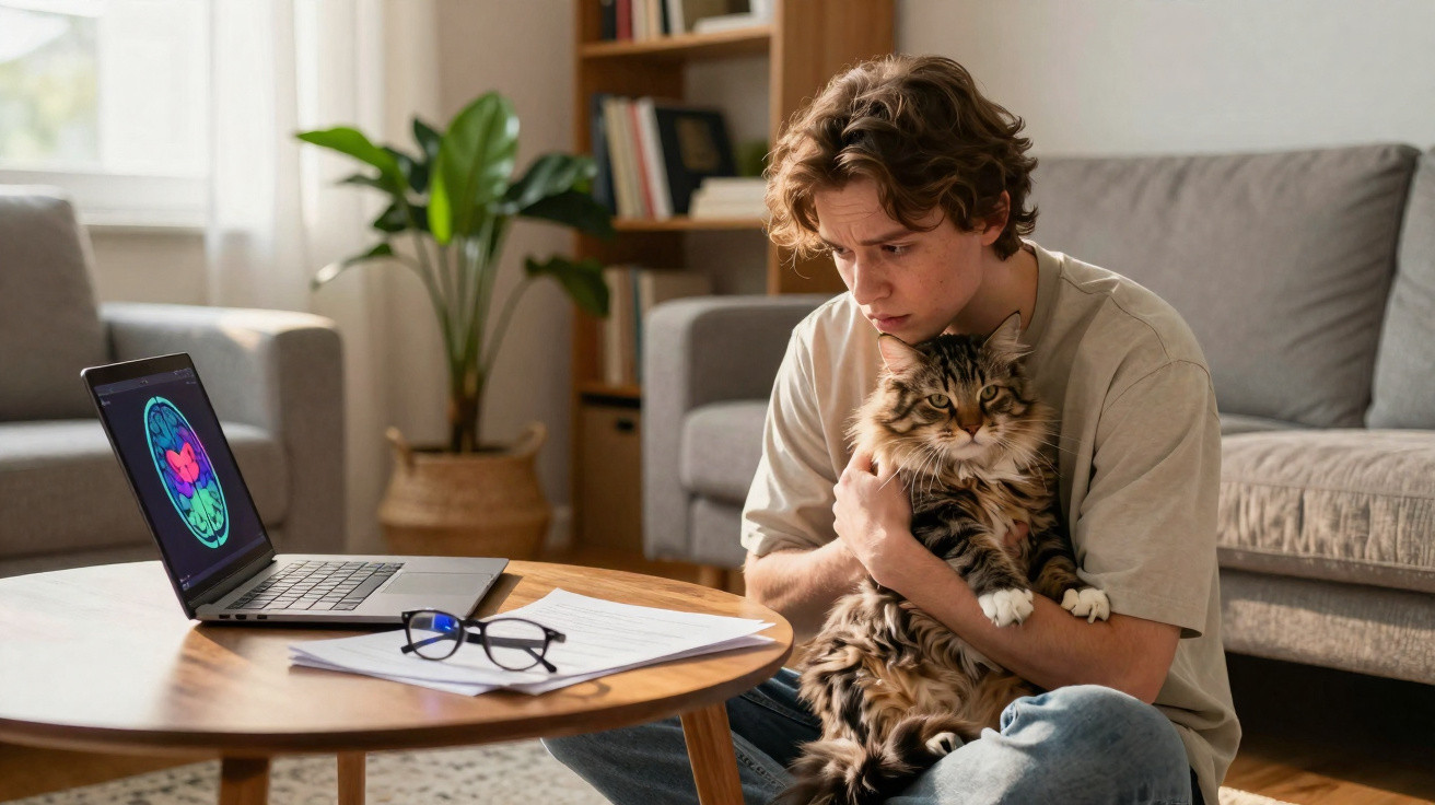Jovem sentado no chão abraçando um gato, com portátil e óculos sobre mesa de madeira.