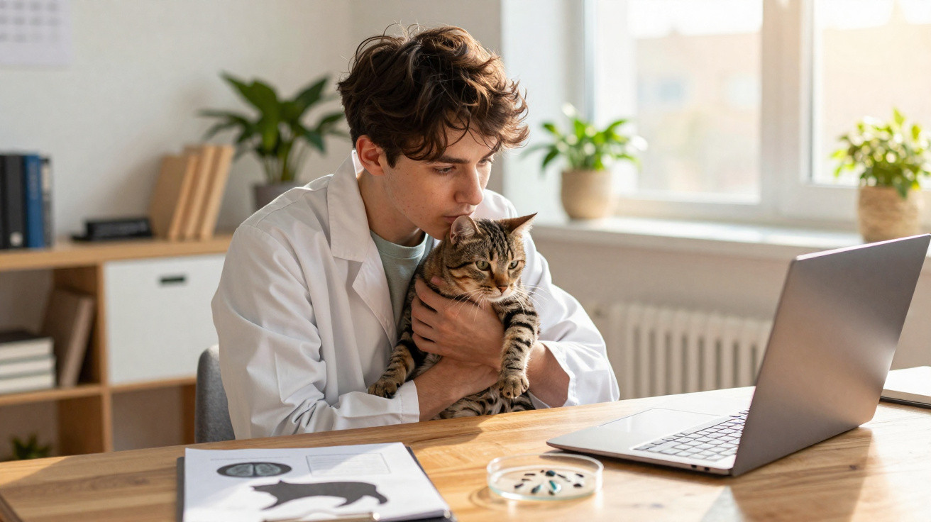 Veterinário com bata branca abraça gato tigrado enquanto trabalha num computador portátil num escritório iluminado.