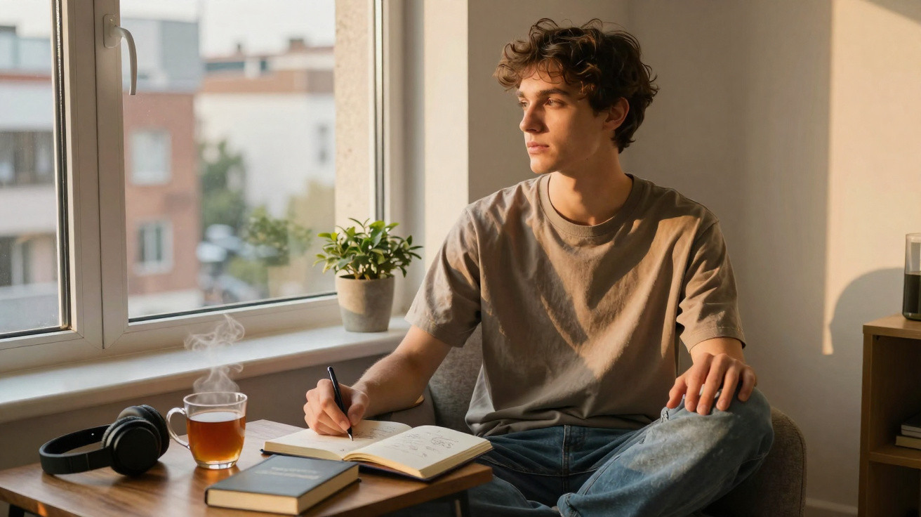Jovem sentado de pernas cruzadas a escrever num caderno próximo de chá quente e auscultadores junto à janela.